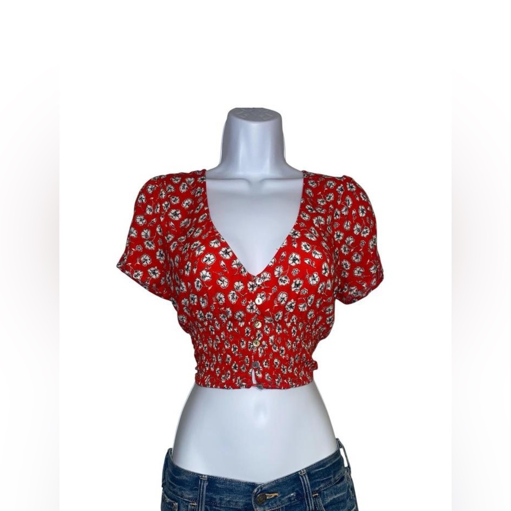 Red floral button up crop top